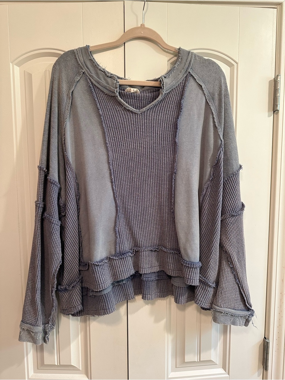POL Lavender Gray Waffle-Knit Patchwork Sweater